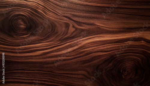 Close up of dark brown wood grain with two knots.