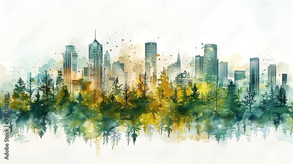 A watercolor painting of a bustling city skyline blending into a serene ...