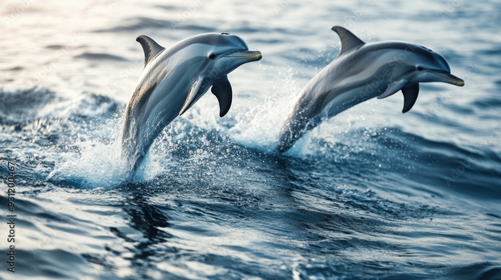 Naklejka premium Two dolphins leaping out of the water, creating splashes.