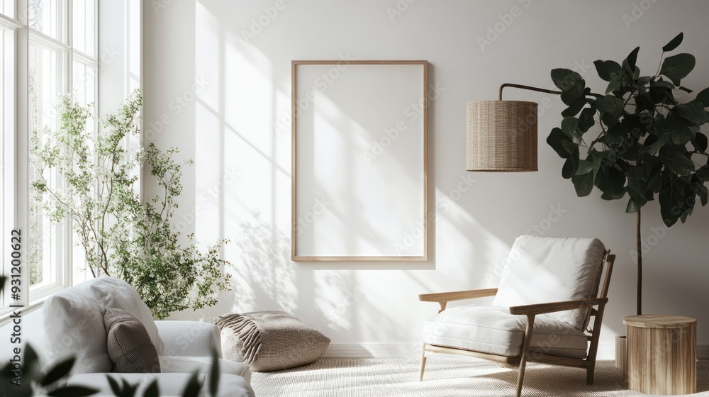 Minimalist Living Room with a Large Blank Frame and Natural Light Minimalist Living Room with a Large Blank Frame and Natural Light