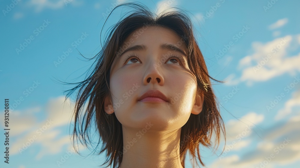Young korean woman looking up at the sky blue Young korean woman looking up at the sky blue