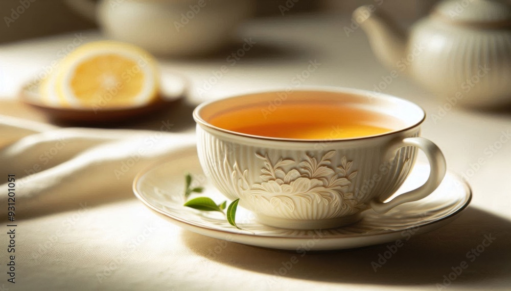 a delicate porcelain teacup filled with pale, amber-colored white tea. The tea is served with a small plate of delicate, thinly sliced lemon or subtle herbal garnishes on the side a delicate porcelain teacup filled with pale, amber-colored white tea. The tea is served with a small plate of delicate, thinly sliced lemon or subtle herbal garnishes on the side