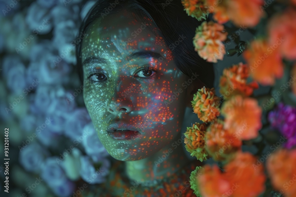 Obraz premium Woman posing in an abstract garden, surrounded by vibrant, surreal elements that create a unique visual experience.