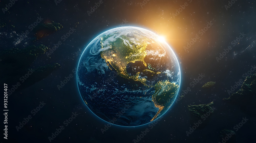 A 3D rendering of Earth with a sparkling, crystal-clear atmosphere, free of pollution, with rays of sunlight illuminating continents covered in green landscapes A 3D rendering of Earth with a sparkling, crystal-clear atmosphere, free of pollution, with rays of sunlight illuminating continents covered in green landscapes