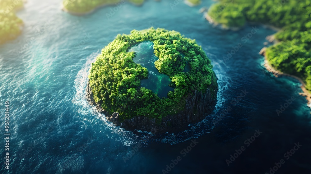 Fototapeta premium A 3D illustration of a vibrant, green Earth surrounded by clean, blue oceans, with lush forests and clear skies