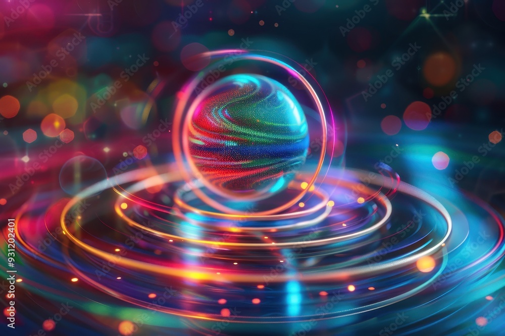 A floating holographic sphere surrounded by orbiting rings, each ring displaying different colors. A floating holographic sphere surrounded by orbiting rings, each ring displaying different colors.