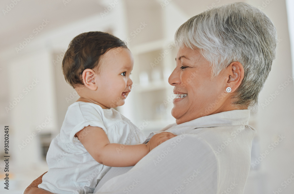 Baby, grandmother and home with love, smile and support together with generations. Grandparents, care and happy senior woman with newborn and fun in living room with family and cute young girl Baby, grandmother and home with love, smile and support together with generations. Grandparents, care and happy senior woman with newborn and fun in living room with family and cute young girl