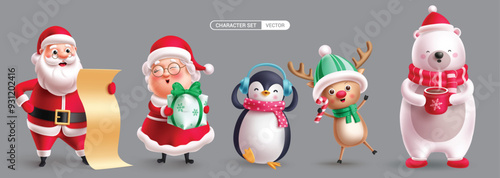 Christmas characters vector set design. Santa claus reading wish list, mrs claus holding gift box, penguin, reindeer and polar bear character collection. Vector illustration xmas characters set.
