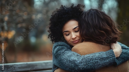 Two Friends Sharing a Comforting Embrace on a Park Bench in a Peaceful Outdoor Setting