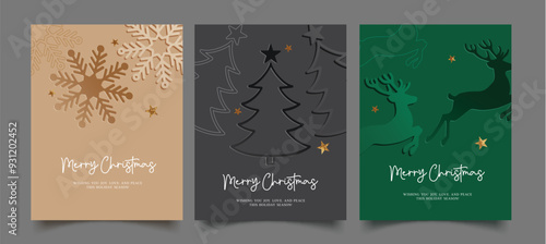 Merry christmas greetings card vector poster set. Christmas greeting text with snowflakes, pine tree and deer pattern for xmas gift tags template collection. Vector illustration xmas flyers design. 
