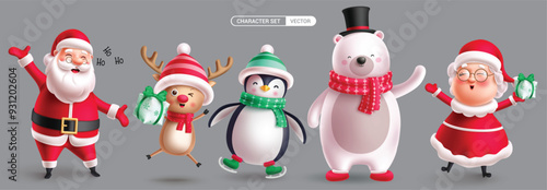 Christmas characters vector set design. Chrisitmas cute characters in standing pose, singing, holding gifts and happy smiling character collection. Vector illustration mascot costume set. 

