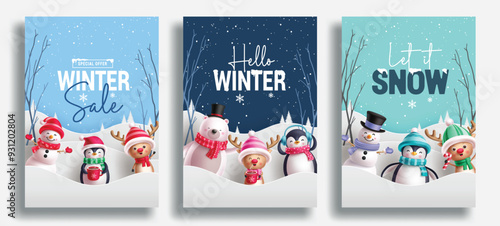 Hello winter sale text vector poster set. Winter sale promotion offer with snowman, penguin and reindeer characters for flyers paper cut collection. Vector illustration snow seasonal gift tags.  
