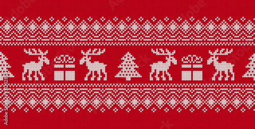 Christmas knitted pattern. Xmas seamless background with deer and gift box. Knit sweater print. Festive traditional ornament. Holiday winter texture. Wool scandinavian pullover. Vector illustration.