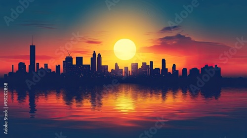 Silhouette of a city skyline at sunset with a large sun above the horizon reflected in rippling water.