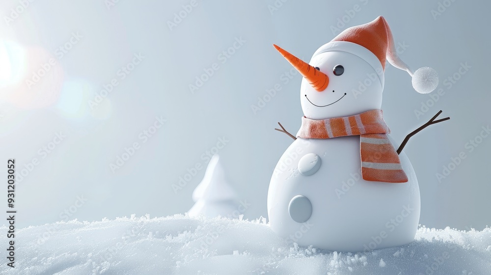 Obraz premium Cheerful 3D snowman with carrot nose and festive scarf on Christmas background, conveying winter fun
