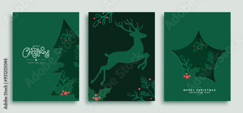Christmas green card vector poster set. Merry christmas and happy new year greeting text with pine tree, deer and star shape decoration elements in green elegant template. Vector illustration holiday 