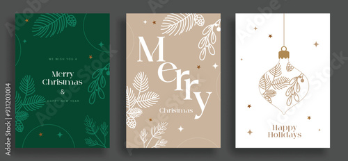 Christmas greeting card vector poster set design. Merry christmas and happy holidays greetings text with doodle leaf and sketch leaves gift tags collection design. Vector illustration seasonal cards 