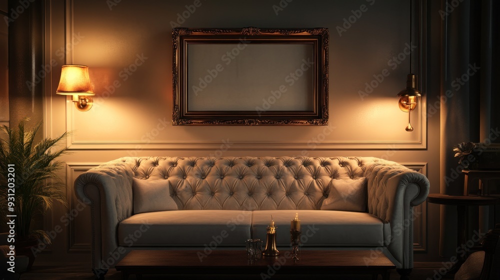 A Luxurious Living Room with a Sofa, Candles, and a Framed Mirror A Luxurious Living Room with a Sofa, Candles, and a Framed Mirror