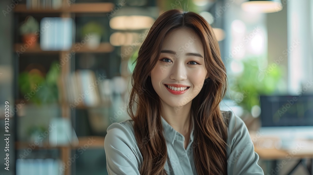 Office Working Girl, Pretty and Cute Asian Smile is sitting in front of Laptop Computer in Office Environment Background Office Working Girl, Pretty and Cute Asian Smile is sitting in front of Laptop Computer in Office Environment Background