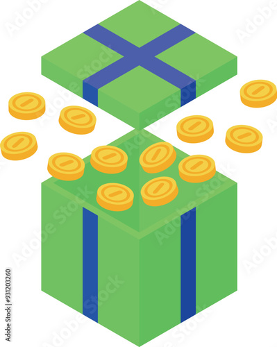 Green gift box is opening with gold coins flowing out of it, representing a financial windfall or unexpected wealth