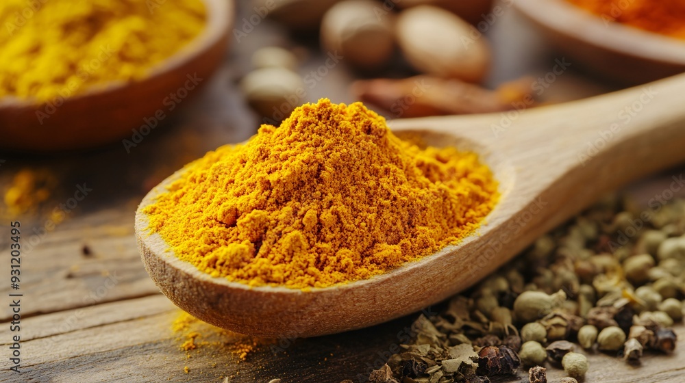 A wooden spoon filled with bright turmeric powder placed next to other colorful spices on a wooden table A wooden spoon filled with bright turmeric powder placed next to other colorful spices on a wooden table