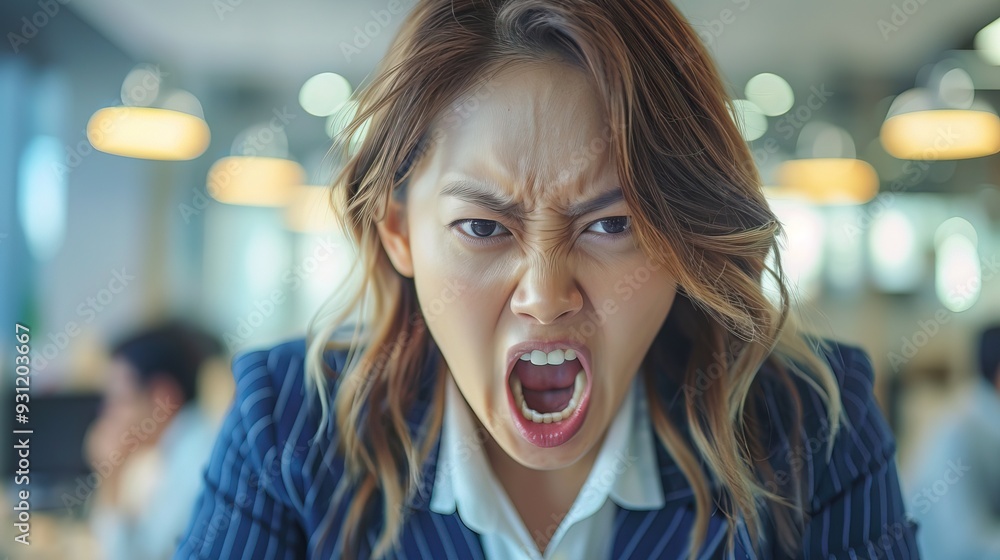 Korean woman screaming angry at office Korean woman screaming angry at office