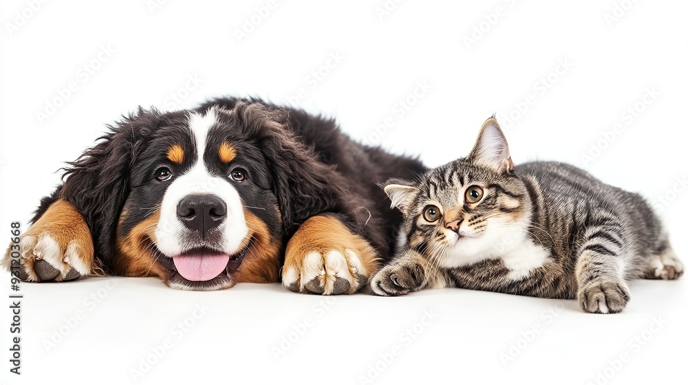 A Bernese Mountain Dog puppy and a tabby cat lay side-by-side on a white background. The dog has its tongue sticking out and the cat is looking up. A Bernese Mountain Dog puppy and a tabby cat lay side-by-side on a white background. The dog has its tongue sticking out and the cat is looking up.