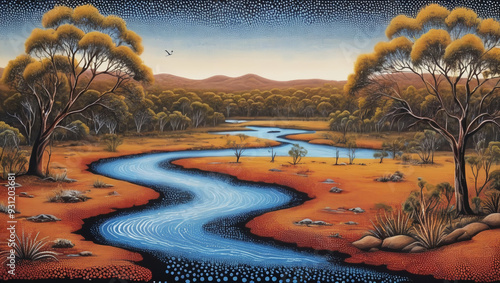 Australian Aboriginal dot painting style art landscape with river and fish