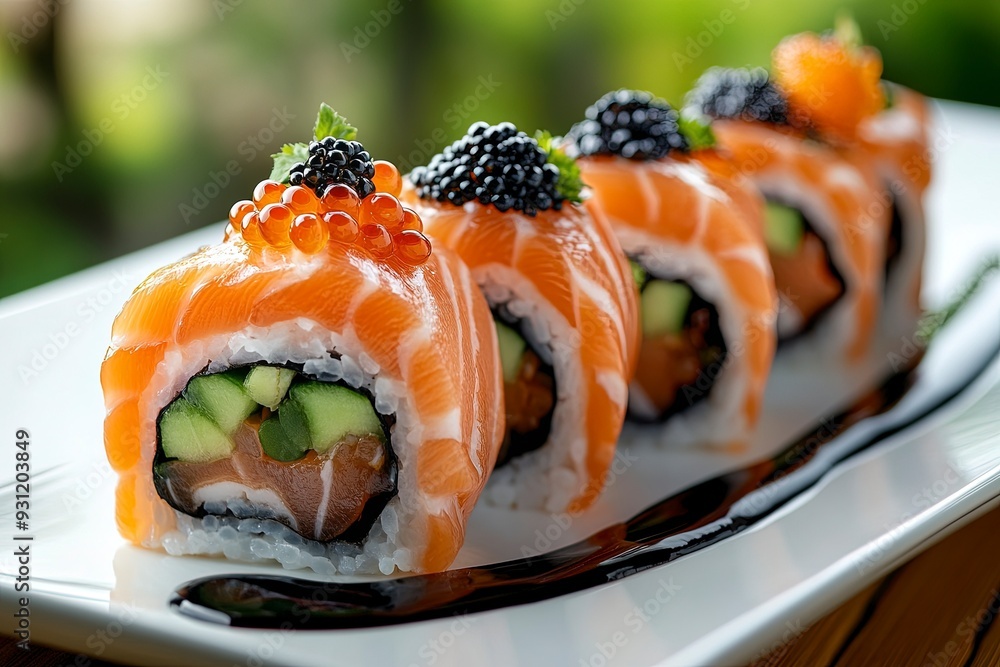 Gourmet arrangement of salmon sushi rolls topped with caviar served with soy sauce. Generative Ai Gourmet arrangement of salmon sushi rolls topped with caviar served with soy sauce. Generative Ai