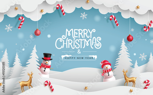 Christmas paper cut vector banner design. Merry christmas and happy new year greeting text with snowman, deer, paper cut pine tree and clouds decoration elements. Vector illustration white greeting 