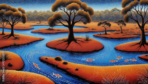 Australian Aboriginal dot painting style art landscape with river and fish