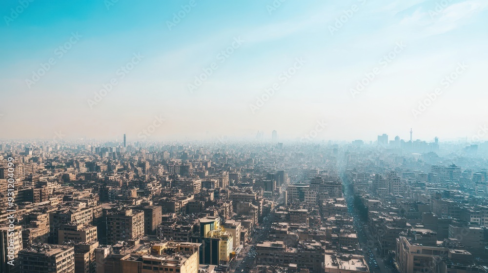 Obraz premium A panoramic view of a densely populated city under a clear blue sky with a hint of haze.