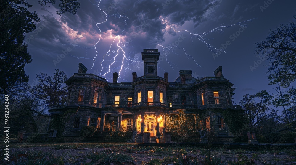 Spooky old mansion under lightning in dark night Spooky old mansion under lightning in dark night