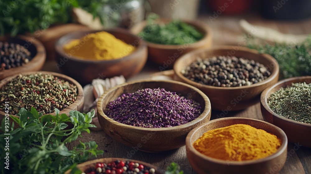 Fototapeta premium A wooden table covered with different spices and herbs each adding a pop of color to the scene