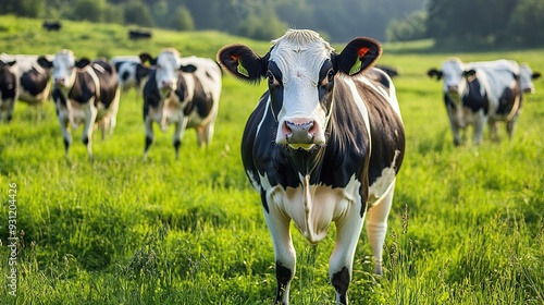 A black and white cow stands in a green field, looking directly at the camera. The cow has black spots on its white fur. The cow is in the foreground, with other cows in the background.