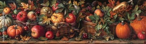 A rich harvest scene with baskets of apples, pumpkins, and gourds placed at the bottom photo