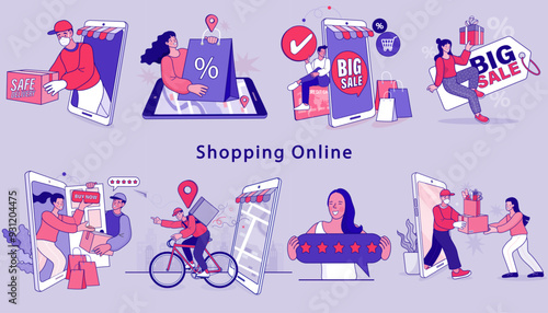 A set of illustrations for the 'Shopping Online' journey on a mobile app. This collection includes concepts of contactless delivery, holiday sales, and local bicycle courier services.