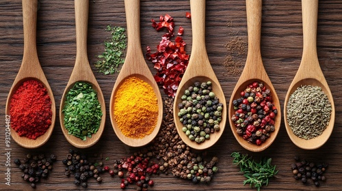 Fototapeta Naklejka Na Ścianę i Meble -  An assortment of colorful spices in small wooden spoons placed on a rustic wooden table