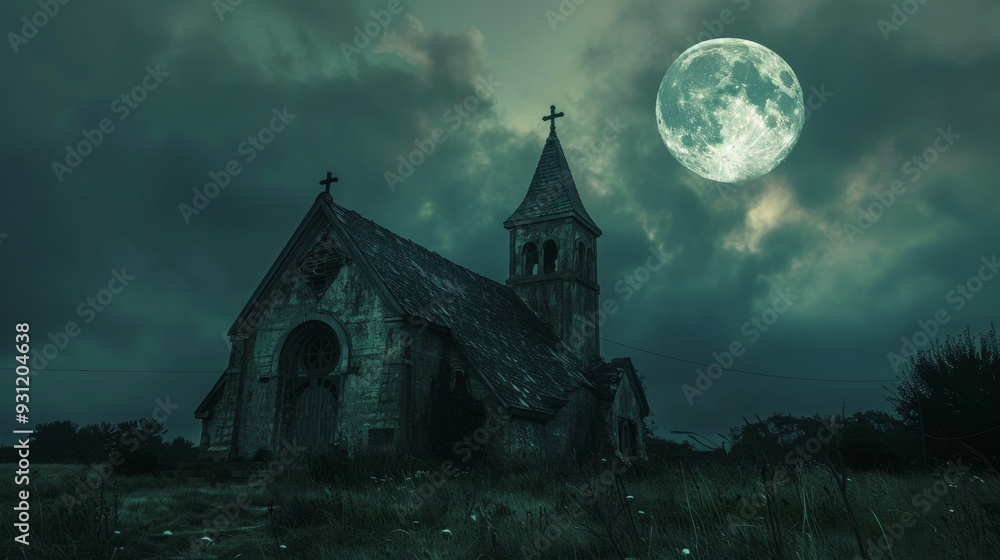 Fototapeta premium Full moon casting shadows over abandoned church at night