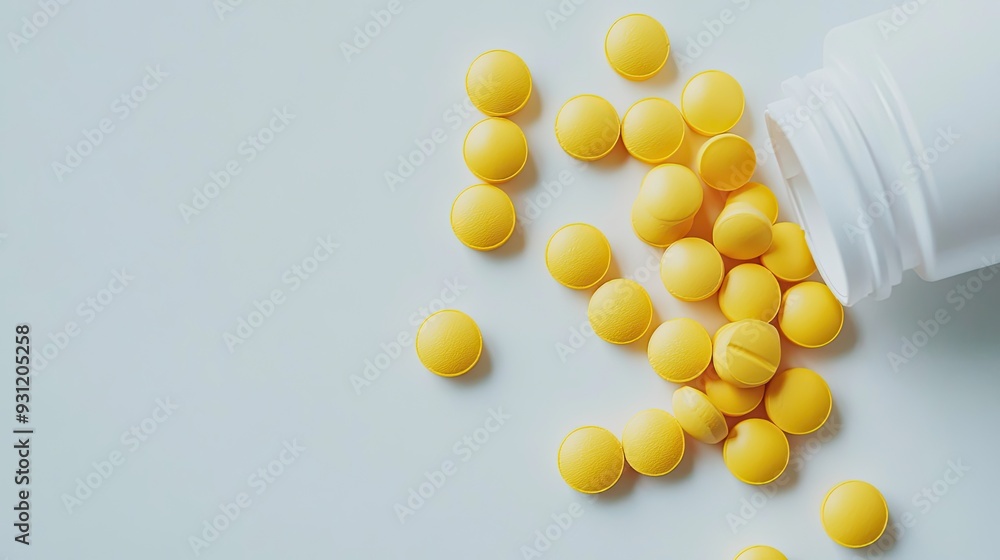 Yellow pills spilled out of a white bottle on a white background. Yellow pills spilled out of a white bottle on a white background.