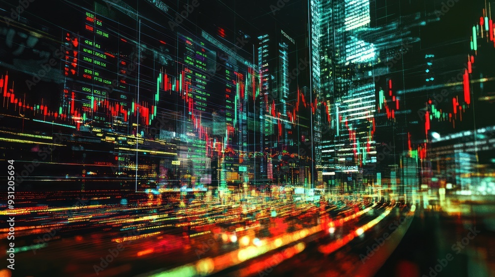 Abstract Cityscape with Stock Market Data Overlays Abstract Cityscape with Stock Market Data Overlays