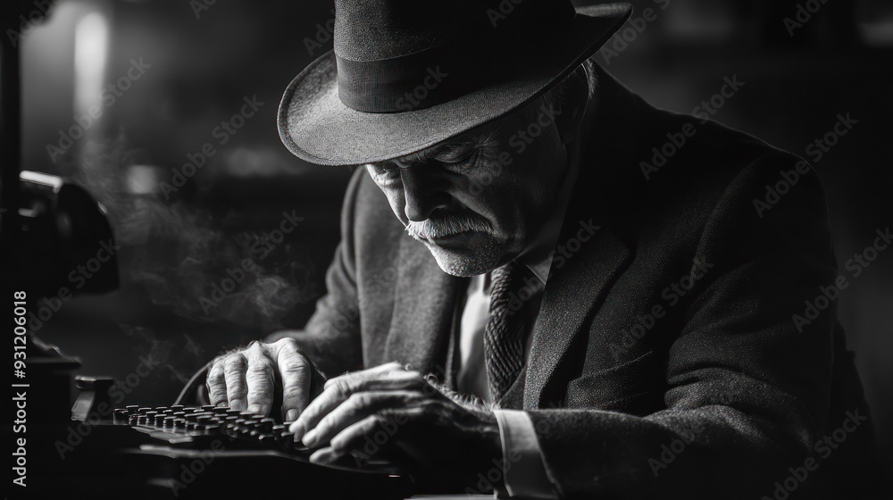 A Man in a Fedora Writing on a Typewriter with Smoke A Man in a Fedora Writing on a Typewriter with Smoke