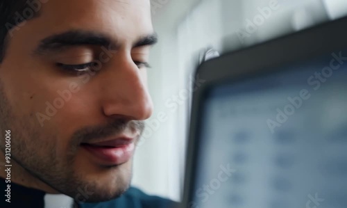 Tunisian Man Creating Budget Spreadsheet on Laptop