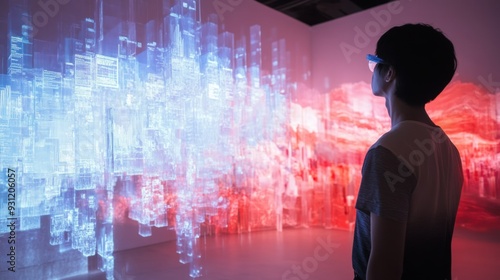 A person wearing futuristic glasses looks at a projected digital city skyline.