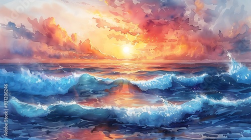 Wallpaper Mural A watercolor painting of ocean waves cascading into a colorful sunset sky, waves blending seamlessly with the warm hues of the setting sun, fluid and expressive brushstrokes, vibrant oranges, pinks, Torontodigital.ca