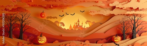 Halloween Greeting Card: Modern Paper Cut Art with Silhouette of Pumpkins and Tree Landscape