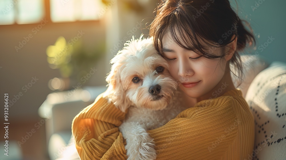 Korean woman hug dog, sofa living room background Korean woman hug dog, sofa living room background