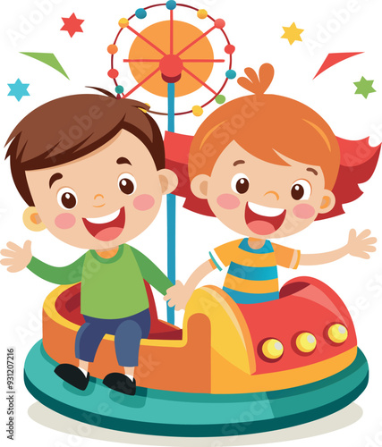 Happy kids having fun riding bumper cars at the amusement park-