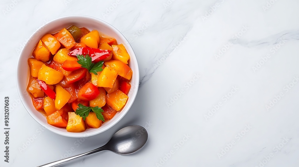 semi close-up of diced chili peppers in a white ceramic dish, bright and colorful, with a spoon beside it, on a marble countertop, copy space for text, semi close-up of diced chili peppers in a white ceramic dish, bright and colorful, with a spoon beside it, on a marble countertop, copy space for text,