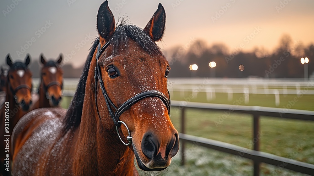 Obraz premium Line of Brown Horses with Black Manes on a Racetrack, Looking at the Camera Over Wooden Fences, with Green Grass and White Floodlights in the Late Afternoon Light
